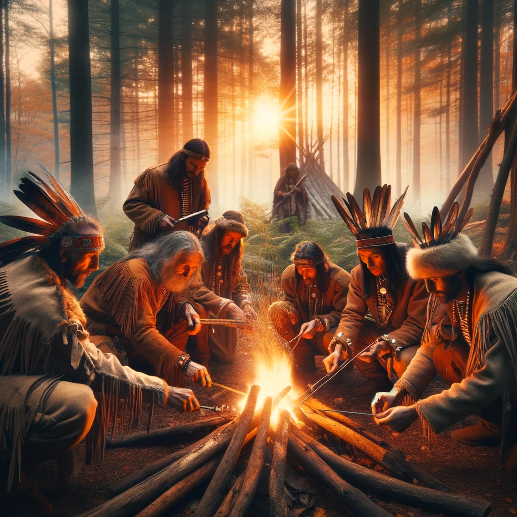 Algonquin Natives Starting a Fire