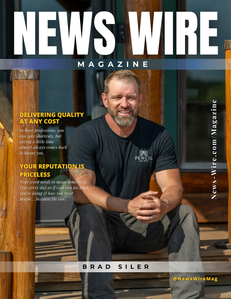 Brad Siler, founder of Pencil Log Pros, sitting on log cabin steps featured on the cover of News Wire Magazine, highlighting his leadership in log home restoration.