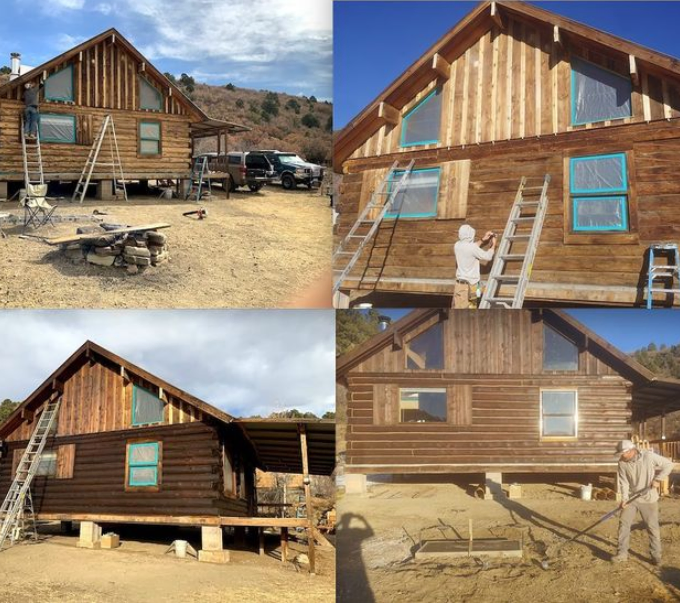 Before and after image of a log home restoration project completed by Pencil Log Pros, featuring high-quality staining and refinishing.