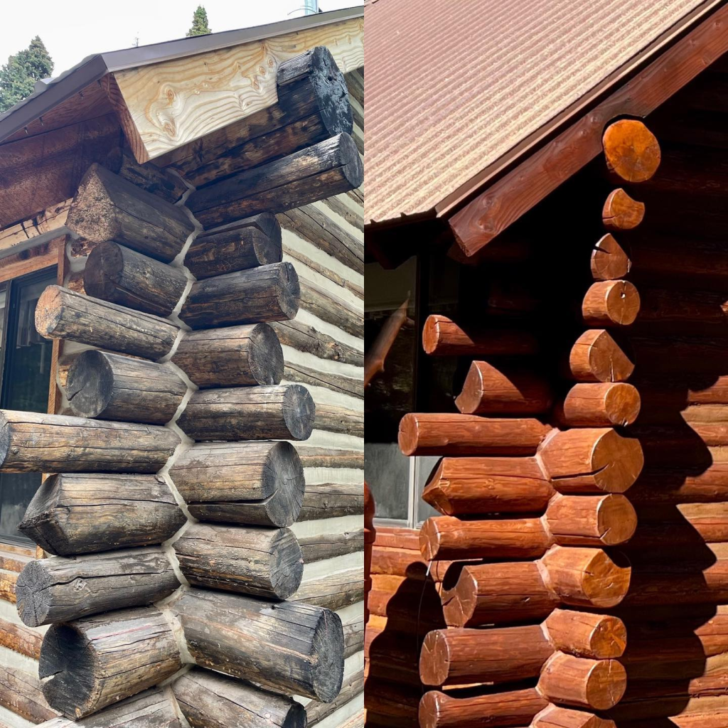 Before and after photo of a log cabin professionally restored by Pencil Log Pros with premium log home restoration techniques.