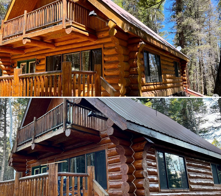 Before and after photo of a log cabin restored by Pencil Log Pros, showing dramatic results of professional log home restoration and refinishing.