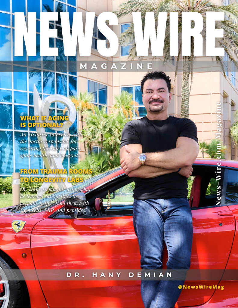 Dr. Hany Demian on the cover of News Wire Magazine as a leading expert in regenerative medicine, spine health, and anti-aging